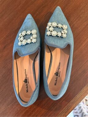 Michele Lopriore Milano Blue Denim Look Crystal Buckle Pointed Toe Flats EU 39